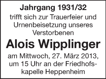 Traueranzeige von Alois Wipplinger von Starkenburger Echo