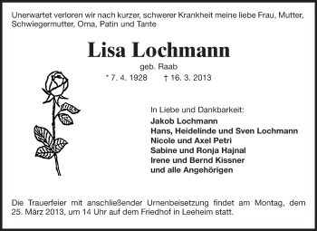 Traueranzeige von Lisa Lochmann von Rüsselsheimer Echo, Groß-Gerauer-Echo, Ried Echo