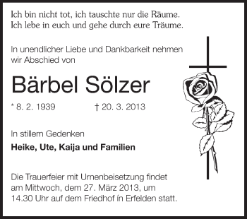 Traueranzeige von Bärbel Sölzer von Rüsselsheimer Echo, Groß-Gerauer-Echo, Ried Echo