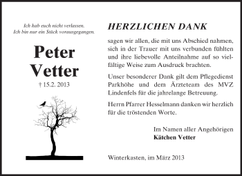 Traueranzeige von Peter Vetter von Echo-Zeitungen (Gesamtausgabe)