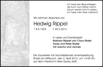 Traueranzeige von Hedwig Rippel von Rüsselsheimer Echo, Groß-Gerauer-Echo, Ried Echo