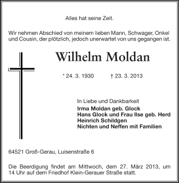 Traueranzeige von Wilhelm Moldan von Rüsselsheimer Echo, Groß-Gerauer-Echo, Ried Echo