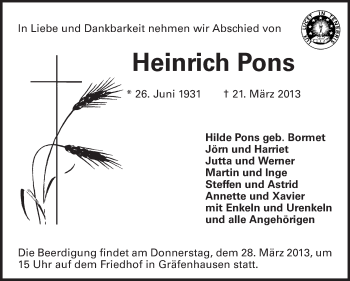 Traueranzeige von Heinrich Pons von Echo-Zeitungen (Gesamtausgabe)