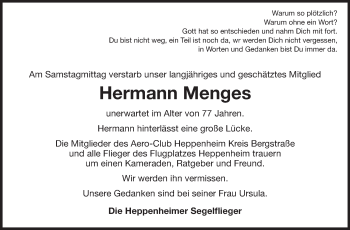 Traueranzeige von Hermann Menges von Starkenburger Echo