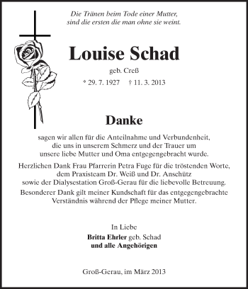 Traueranzeige von Louise Schad von Rüsselsheimer Echo, Groß-Gerauer-Echo, Ried Echo