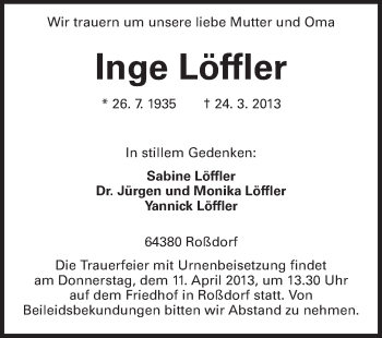 Traueranzeige von Inge Löffler von Echo-Zeitungen (Gesamtausgabe)