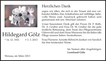 Traueranzeige von Hildegard Gölz von Odenwälder Echo
