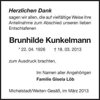 Traueranzeige von Brunhilde Kunkelmann von Odenwälder Echo