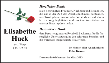 Traueranzeige von Elisabethe Huck von Echo-Zeitungen (Gesamtausgabe)