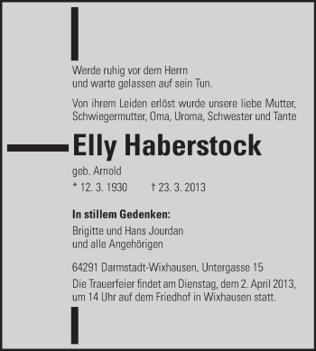 Traueranzeige von Elly Haberstock von Echo-Zeitungen (Gesamtausgabe)