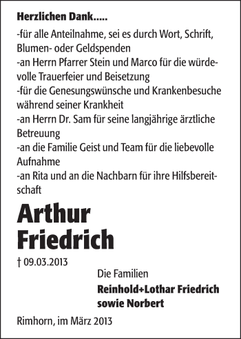 Traueranzeige von Arthur Friedrich von Odenwälder Echo