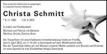 Traueranzeige von Christa Schmitt von Echo-Zeitungen (Gesamtausgabe)