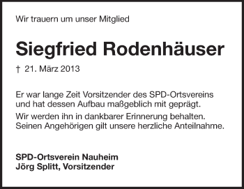 Traueranzeige von Siegfried Rodenhäuser von Rüsselsheimer Echo, Groß-Gerauer-Echo, Ried Echo