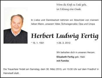 Traueranzeige von Herbert Ludwig Fertig von Odenwälder Echo
