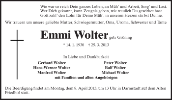 Traueranzeige von Emmi Wolter von Echo-Zeitungen (Gesamtausgabe)