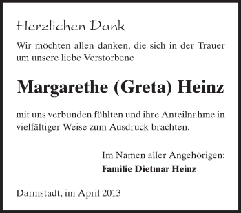 Traueranzeige von Margarethe Heinz von Echo-Zeitungen (Gesamtausgabe)