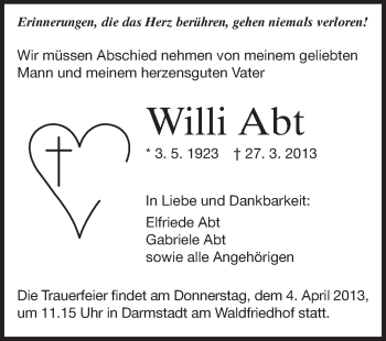 Traueranzeige von Willi Abt von Echo-Zeitungen (Gesamtausgabe)
