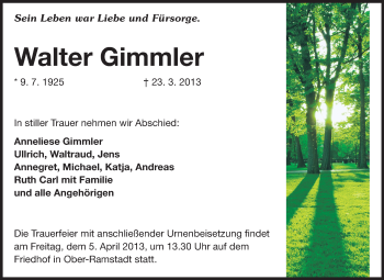Traueranzeige von Walter Gimmler von Echo-Zeitungen (Gesamtausgabe)