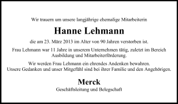 Traueranzeige von Hanne Lehmann von Echo-Zeitungen (Gesamtausgabe)