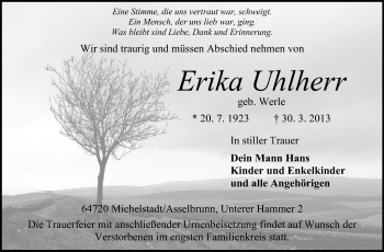 Traueranzeige von Erika Uhlherr von Odenwälder Echo