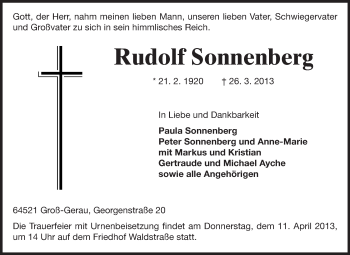 Traueranzeige von Rudolf Sonnenberg von Rüsselsheimer Echo, Groß-Gerauer-Echo, Ried Echo