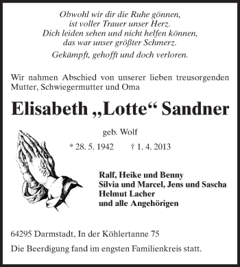 Traueranzeige von Elisabeth Sandner von Echo-Zeitungen (Gesamtausgabe)