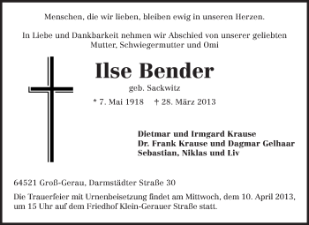 Traueranzeige von Ilse Bender von Rüsselsheimer Echo, Groß-Gerauer-Echo, Ried Echo