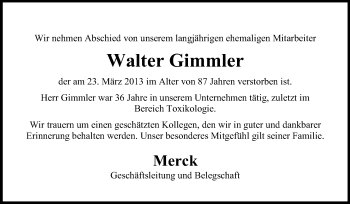 Traueranzeige von Walter Gimmler von Echo-Zeitungen (Gesamtausgabe)