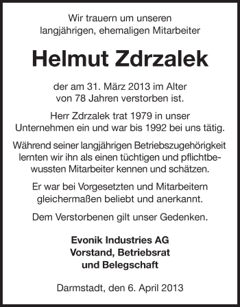 Traueranzeige von Helmut Zdrzalek von Echo-Zeitungen (Gesamtausgabe)