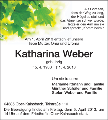 Traueranzeige von Katharina Weber von Echo-Zeitungen (Gesamtausgabe)