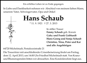 Traueranzeige von Hans Schaub von Odenwälder Echo