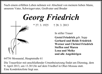 Traueranzeige von Georg Friedrich von Odenwälder Echo