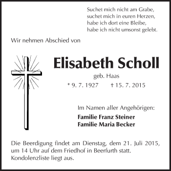 Traueranzeige von Elisabeth Scholl von Odenwälder Echo