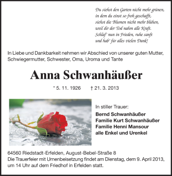 Traueranzeige von Anna Schwanhäußer von Rüsselsheimer Echo, Groß-Gerauer-Echo, Ried Echo