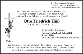Traueranzeige von Otto Friedrich Hüß von Odenwälder Echo