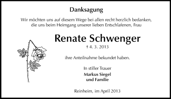 Traueranzeige von Renate Schwenger von Rüsselsheimer Echo, Groß-Gerauer-Echo, Ried Echo