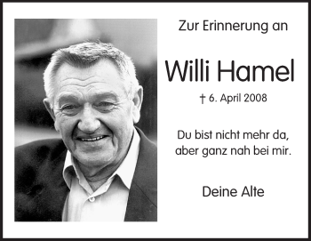 Traueranzeige von Willi Hamel von Darmstädter Echo, Odenwälder Echo, Rüsselsheimer Echo, Groß-Gerauer-Echo, Ried Echo