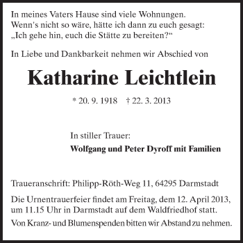 Traueranzeige von Katharine Leichtlein von Echo-Zeitungen (Gesamtausgabe)