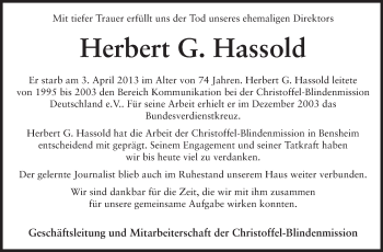 Traueranzeige von Herbert Hassold von Starkenburger Echo, Bergsträßer Anzeiger