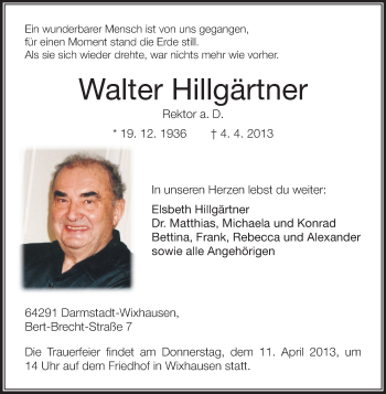 Traueranzeige von Walter Hillgärtner von Echo-Zeitungen (Gesamtausgabe)