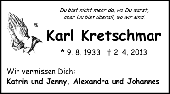 Traueranzeige von Karl Kretschmar von Odenwälder Echo