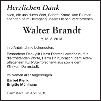 Traueranzeige von Walter Brandt von Echo-Zeitungen (Gesamtausgabe)