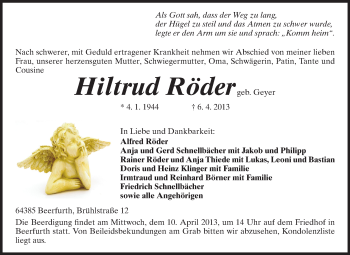 Traueranzeige von Hiltrud Röder von Echo-Zeitungen (Gesamtausgabe)