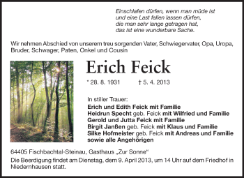 Traueranzeige von Erich Feick von Echo-Zeitungen (Gesamtausgabe)