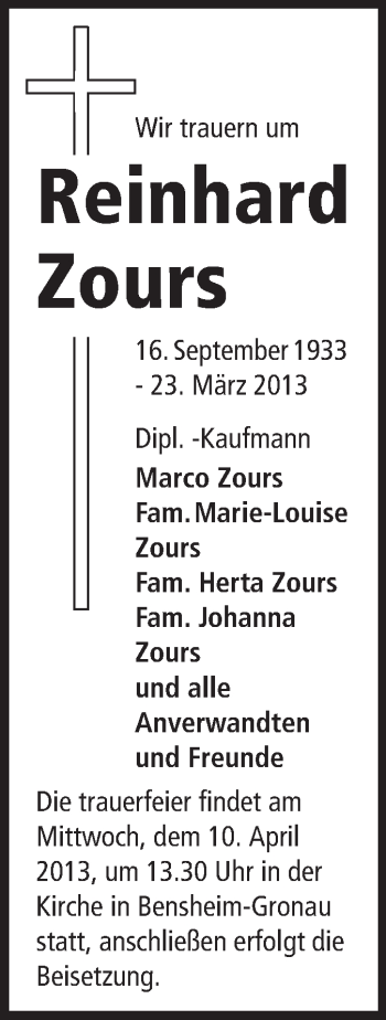 Traueranzeige von Reinhard Zours von Starkenburger Echo