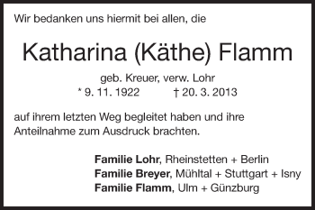 Traueranzeige von Katharina Flamm von Echo-Zeitungen (Gesamtausgabe)
