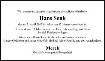 Traueranzeige von Hans Senk von Echo-Zeitungen (Gesamtausgabe)
