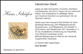 Traueranzeige von Hans Schäfer von Rüsselsheimer Echo, Groß-Gerauer-Echo, Ried Echo
