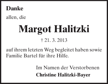 Traueranzeige von Margot Halitzki von Echo-Zeitungen (Gesamtausgabe)