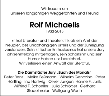 Traueranzeige von Rolf Michaelis von Echo-Zeitungen (Gesamtausgabe)